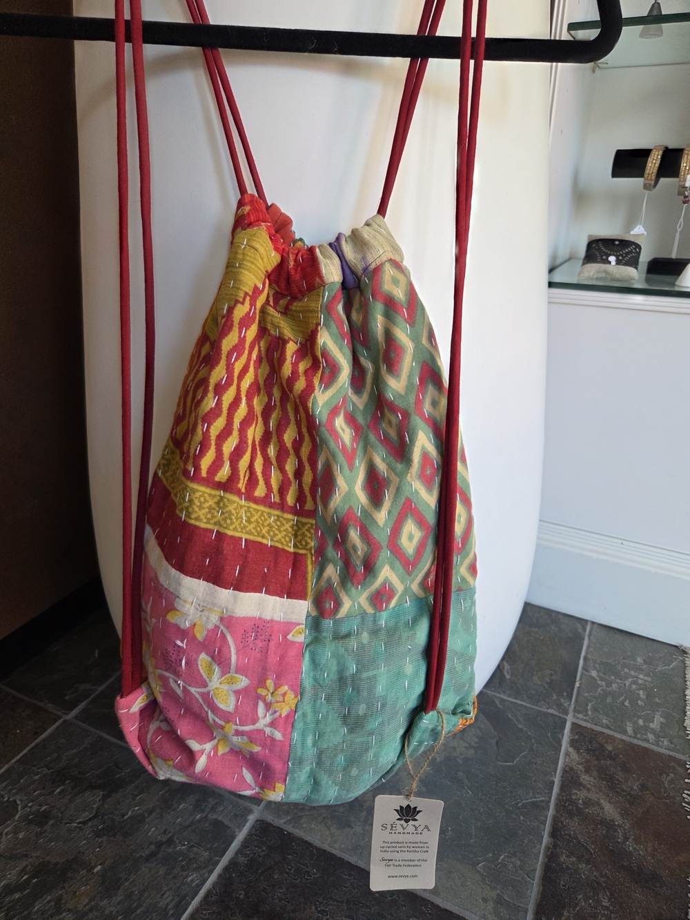 Multicolor Boho Drawstring Backpack - Patchwork Kantha Style - Picture 2 of 5